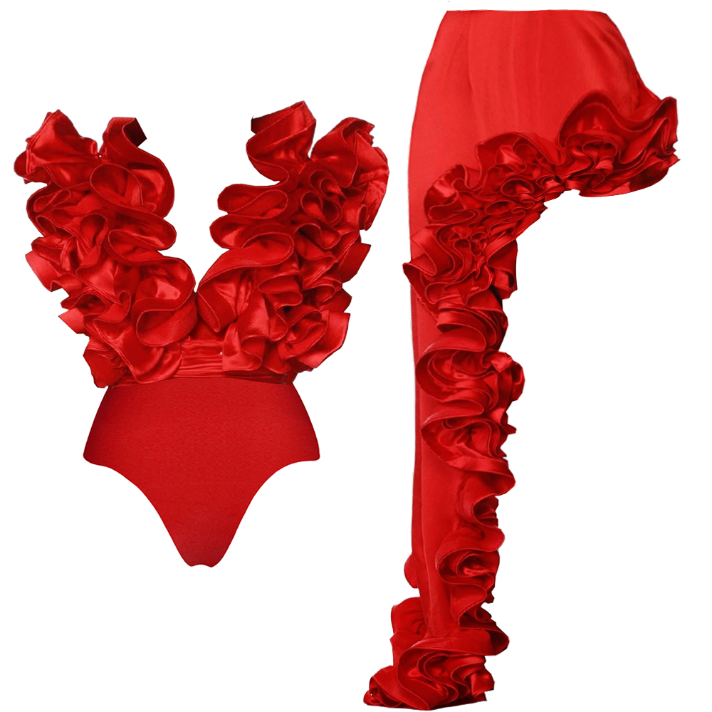 ✨ Red Flower Frilled V Neck One Piece Swimsuit and Skirt