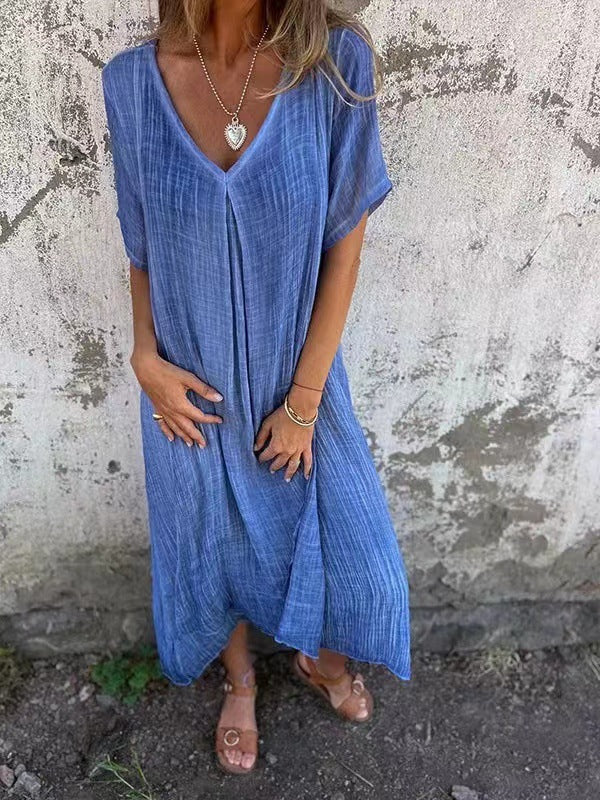 🎁Vestido de algodão e linho com gola pontuda