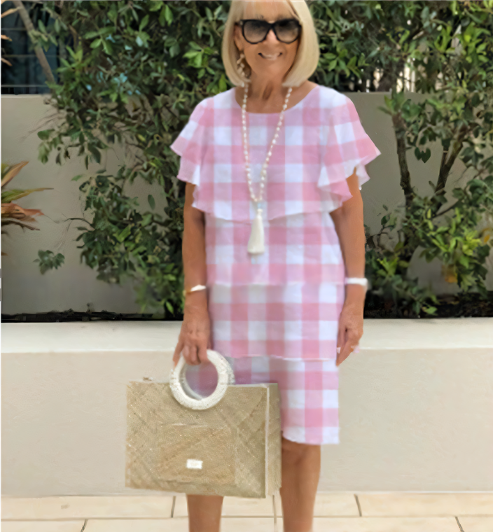 💖Vestido de chiffon com mangas curtas e babados, comprimento até o joelho