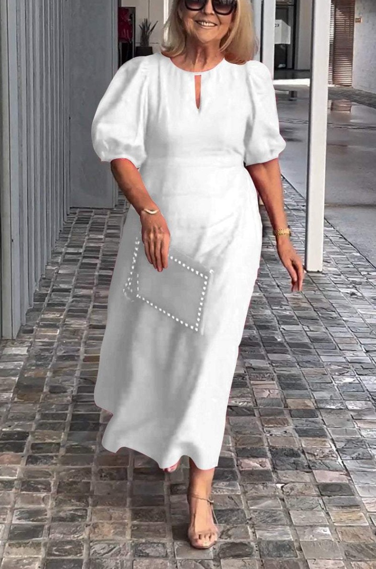 【S-5XL】2024 primavera e verão novo vestido feminino com gola redonda e manga abalonada