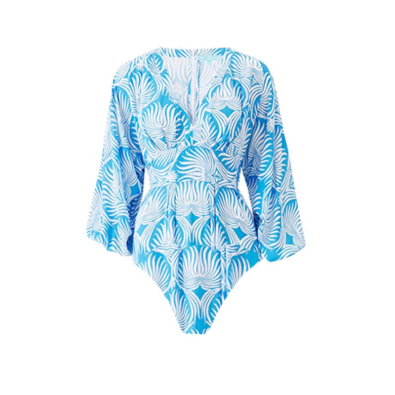 👙One-piece swimming costume with long sleeves and blue lotus pattern, paired with a skirt