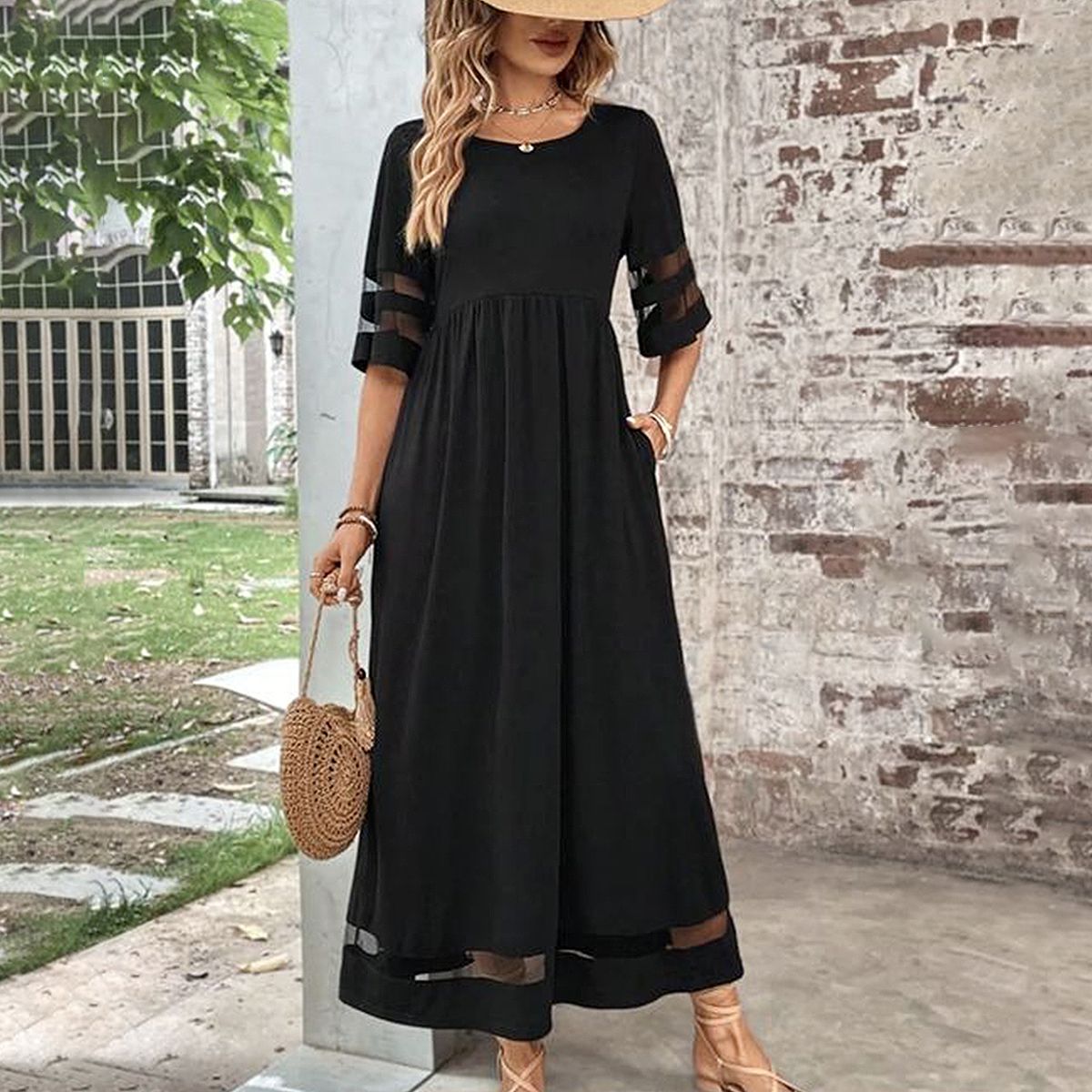 Vestido longo preto simples e legal manga 3/4