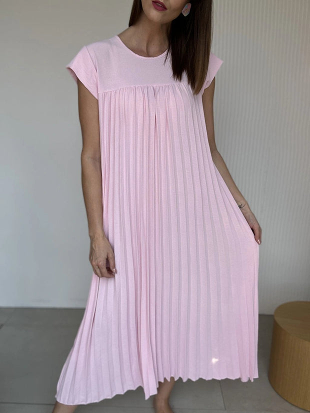 Abito casual da donna con scollo tondo, maniche corte, patchwork plissettato