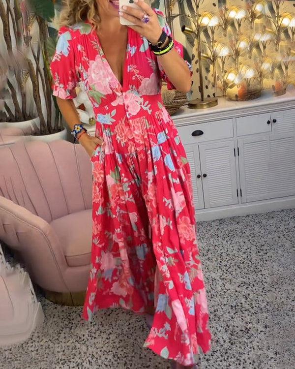 Fresh V-neck floral dress Vibrant Floral Dress