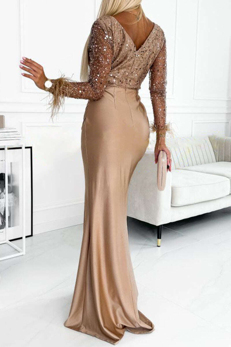 💃 Vestido longo feminino sexy, justo, com decote em V e lantejoulas