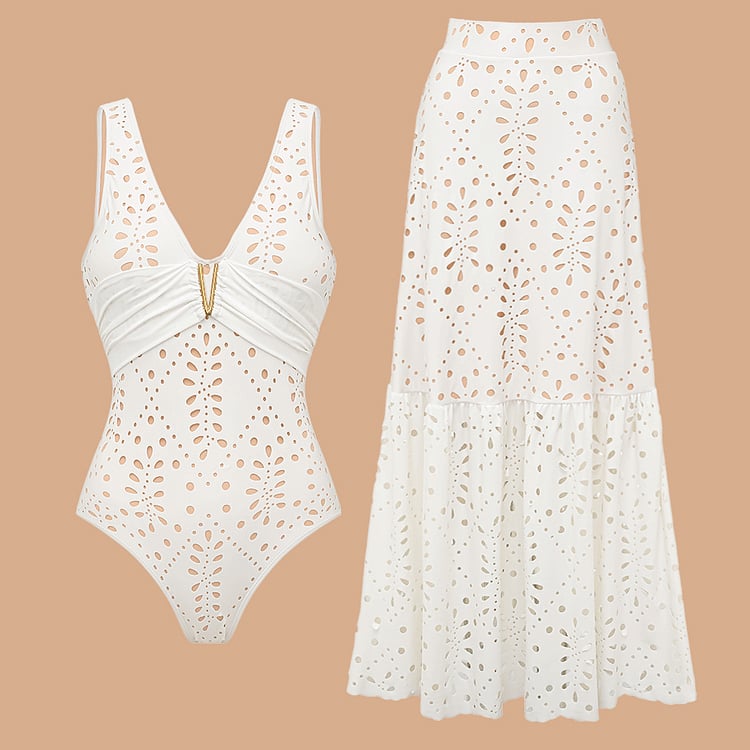 🔥 V Neck Solid Color Laser Cutting Flower One Piece Set