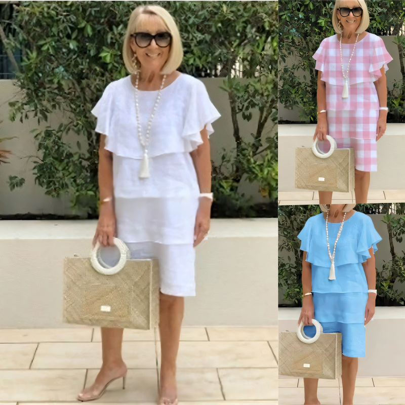 💖Šifoninė suknelė trumpomis rankovėmis ir raukiniais, iki kelių