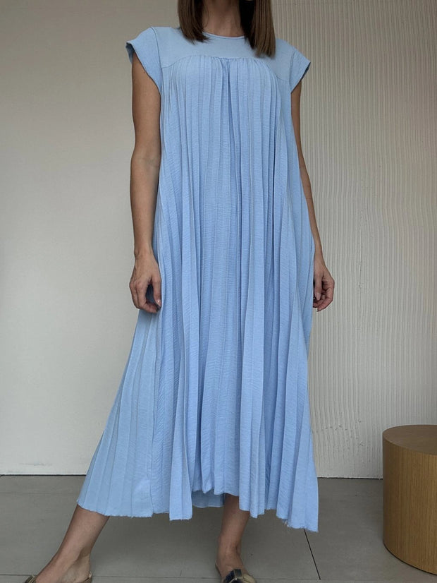 Abito casual da donna con scollo tondo, maniche corte, patchwork plissettato