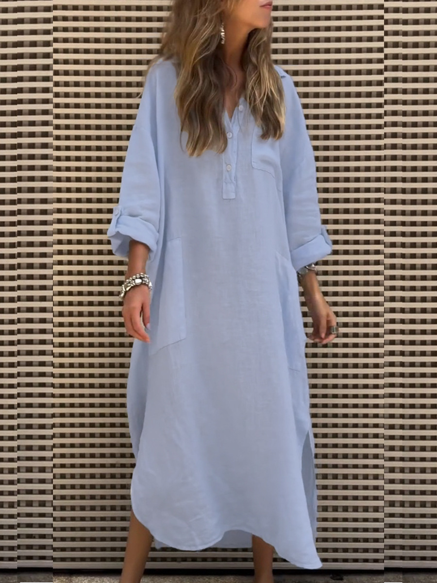 Abito da donna in cotone e lino con scollo a V e maniche lunghe