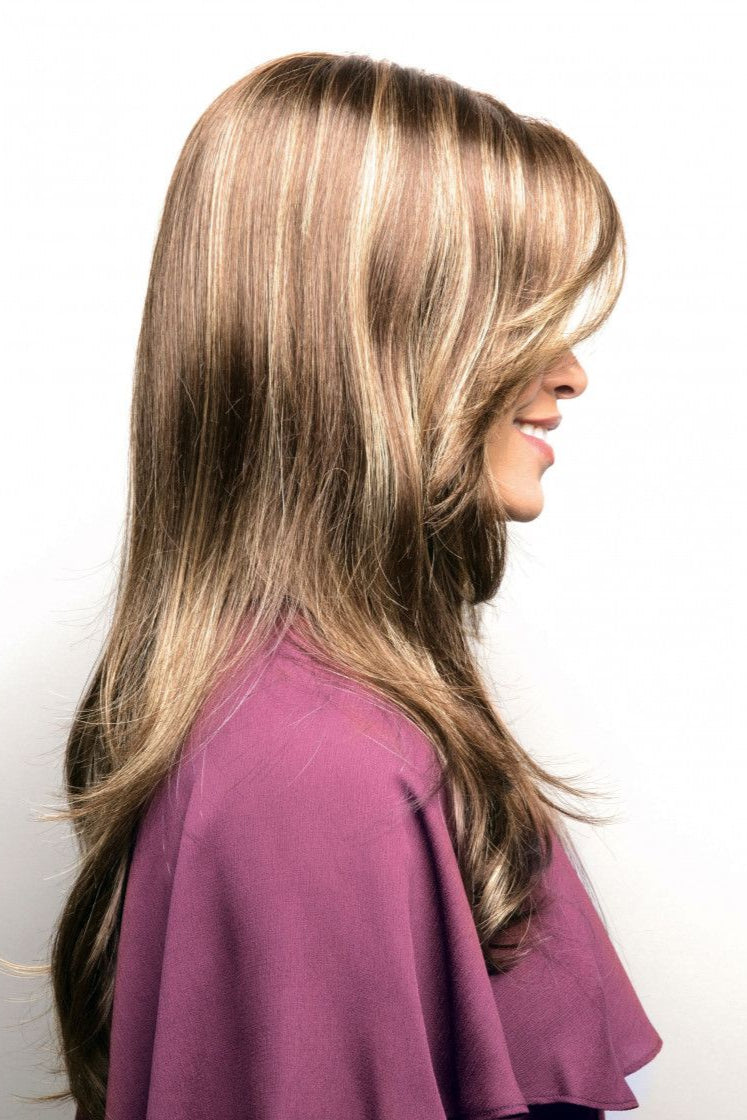 Highlighted side-parted long straight hair