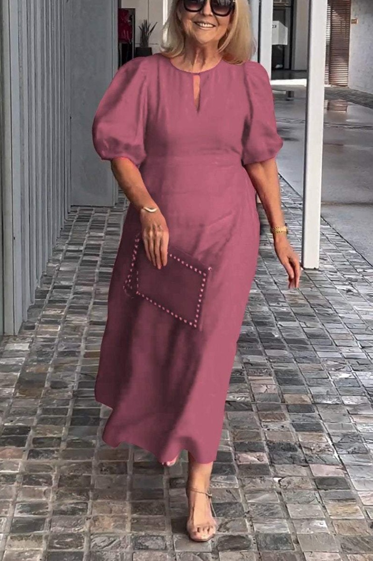 【S-5XL】2024 primavera e verão novo vestido feminino com gola redonda e manga abalonada