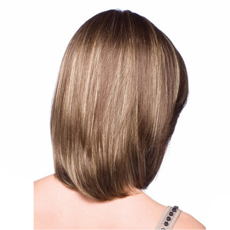 Medium length brown wig with highlights and side bangs