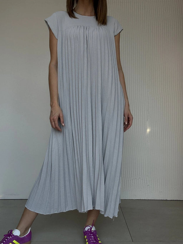Abito casual da donna con scollo tondo, maniche corte, patchwork plissettato