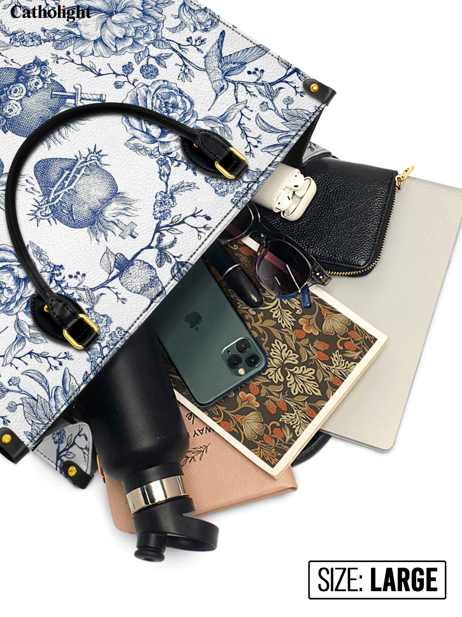 Catholight  Sacred Elegance: Blue and White Devotion Leather Bag