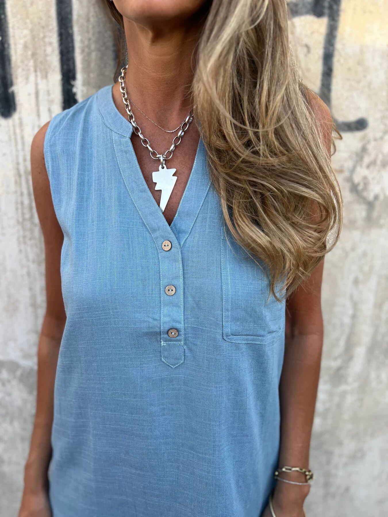 Vestido feminino de algodão e linho de cor sólida
