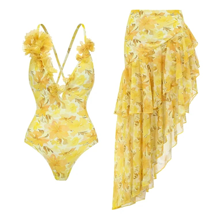 💖 Appliques Yellow Lily Floral Print One Piece Swimsuit Set