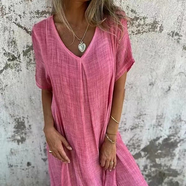 🎁Vestido de algodão e linho com gola pontuda