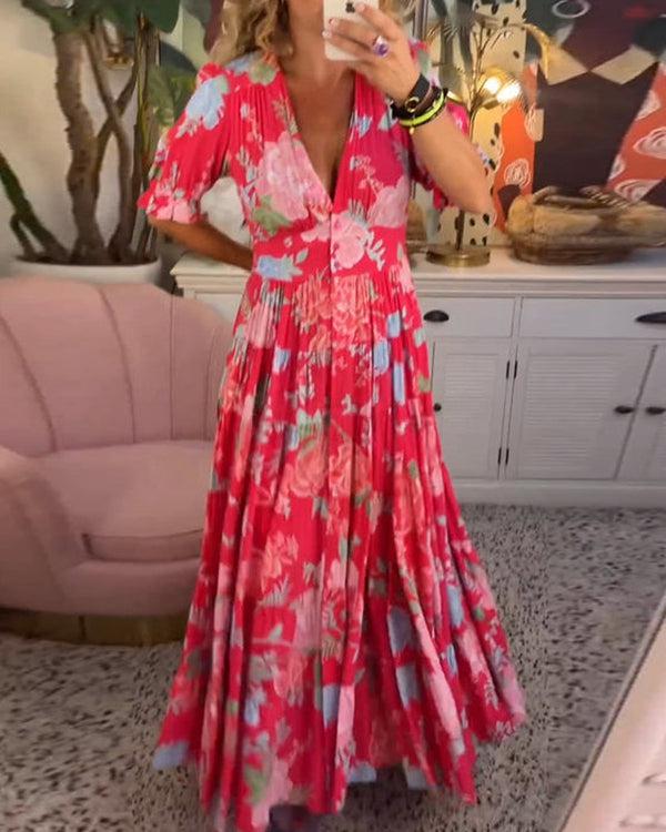 Fresh V-neck floral dress Vibrant Floral Dress
