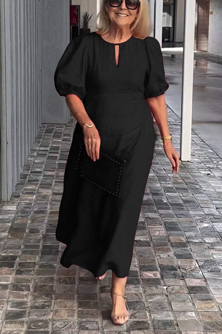 【S-5XL】2024 primavera e verão novo vestido feminino com gola redonda e manga abalonada