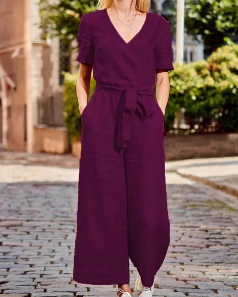 Short Sleeve Solid Color Lace-Up V Neck Soft Romper Jumpsuit