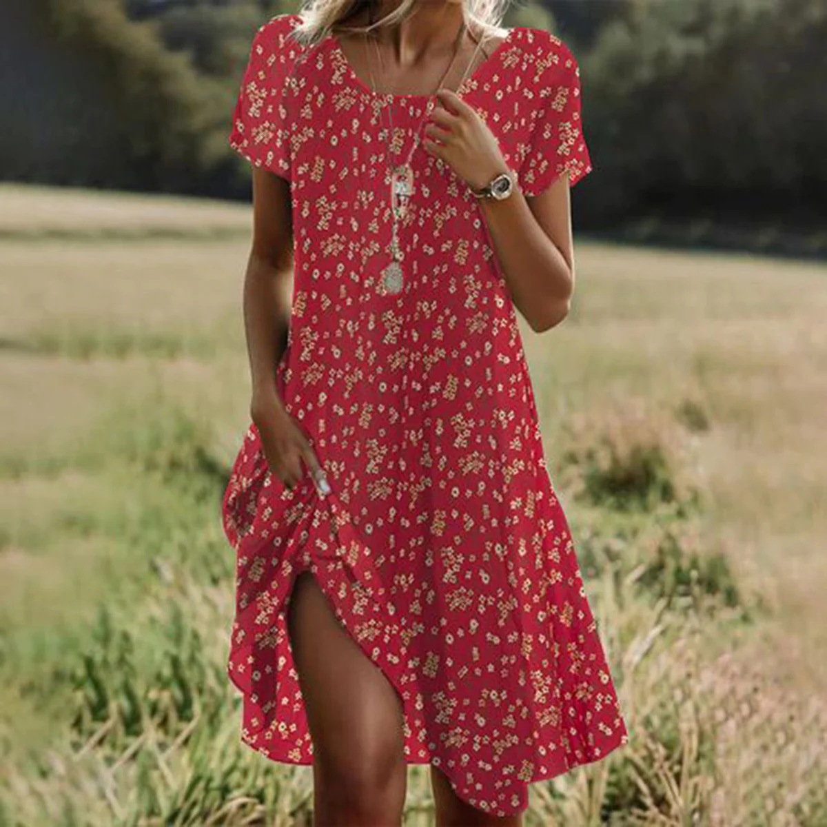 【S-3XL】2024 novo estilo de verão artístico étnico em torno do pescoço vestido de comprimento médio