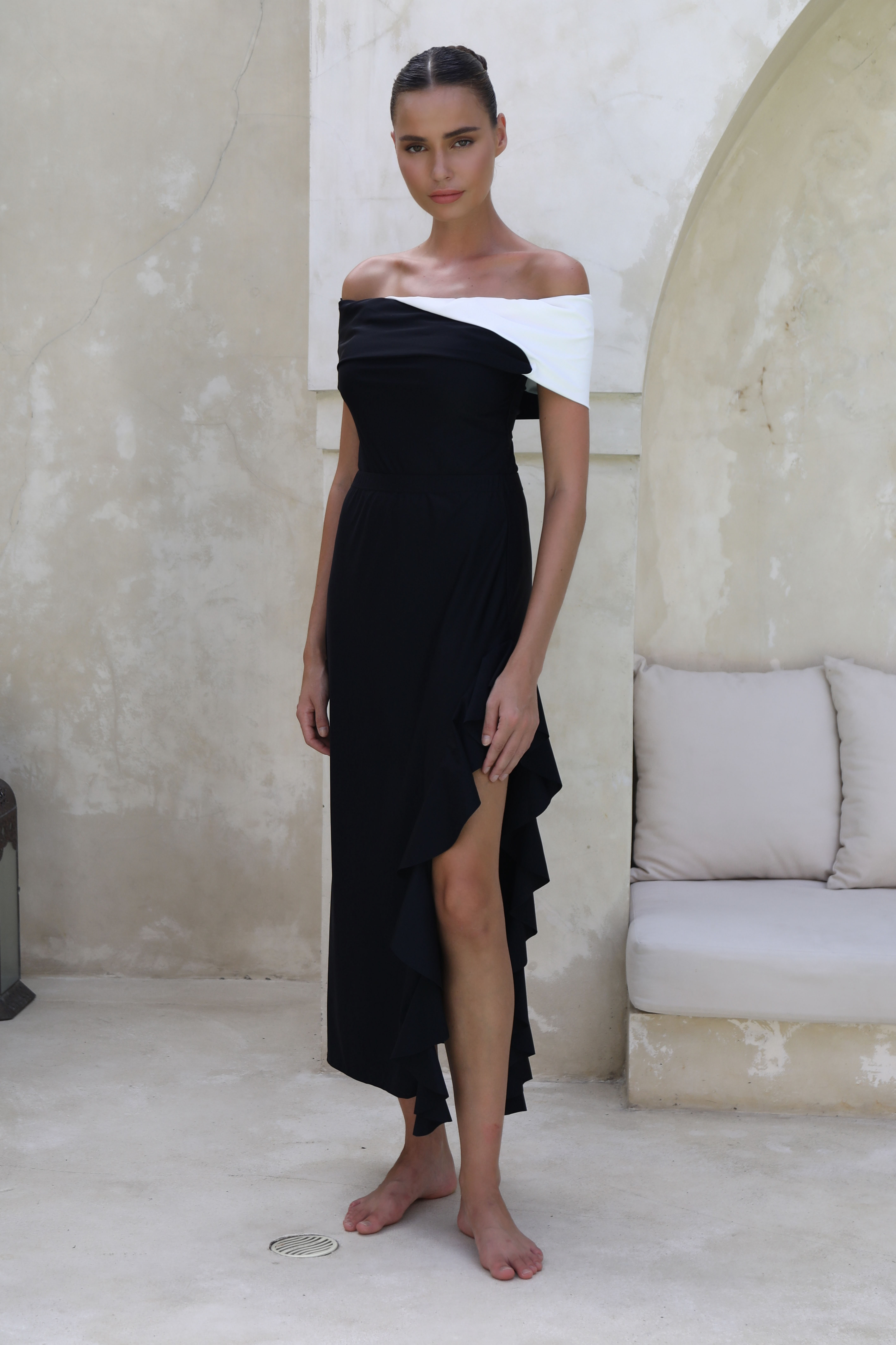 Off Shoulder Color Block One Piece Swimsuit and Skirt