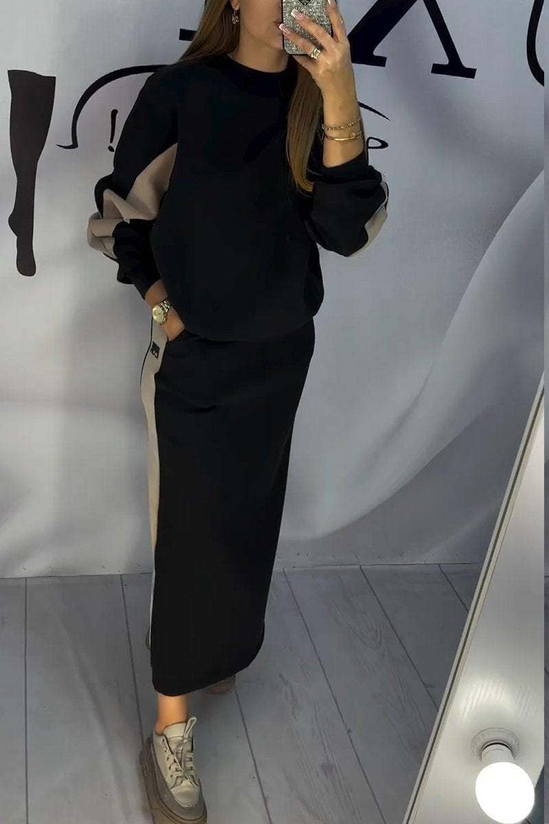 Conjunto de suéter e vestido de gola redonda