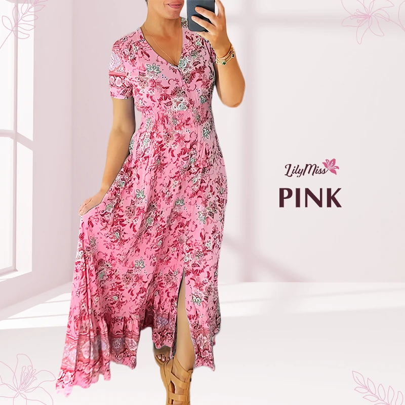 LilyMiss – Vestido maxi floral casual estampado com decote em V e cintura plissada
