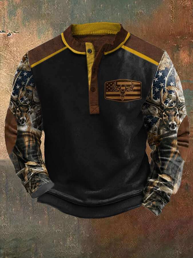 Moletom masculino casual vintage contrastante Elk Western