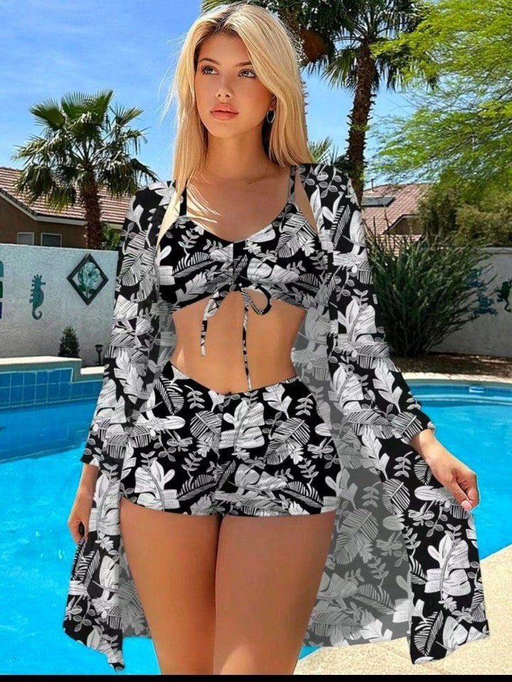 Set tre pezzi da donna con costume da bagno bikini stampato 2024
