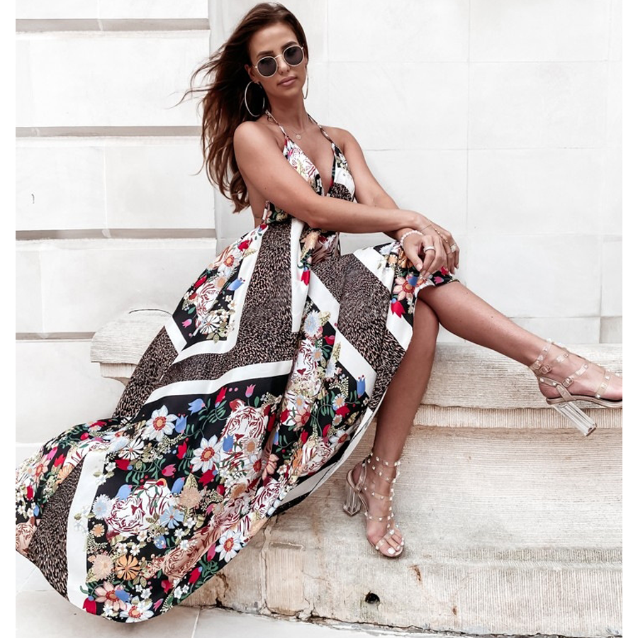 🌼 V Neck Blossom Printed  Backless Sling Dress 👗