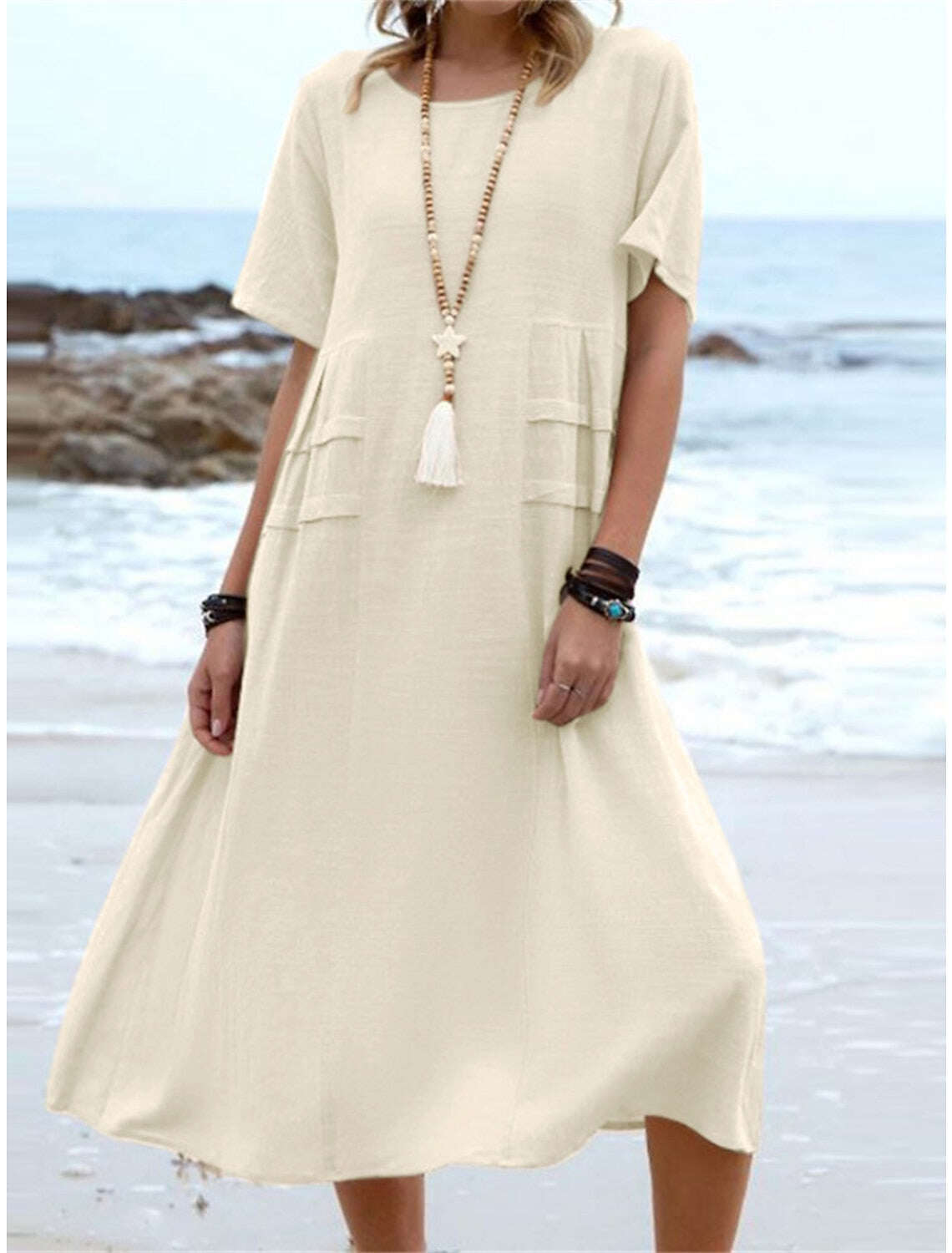 Vestido de algodão com gola redonda