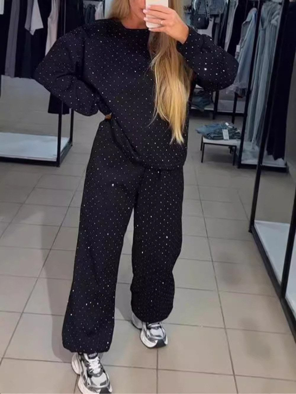 Felpa sportiva casual con scollo tondo e pantaloni jogger da donna, set da 2 pezzi