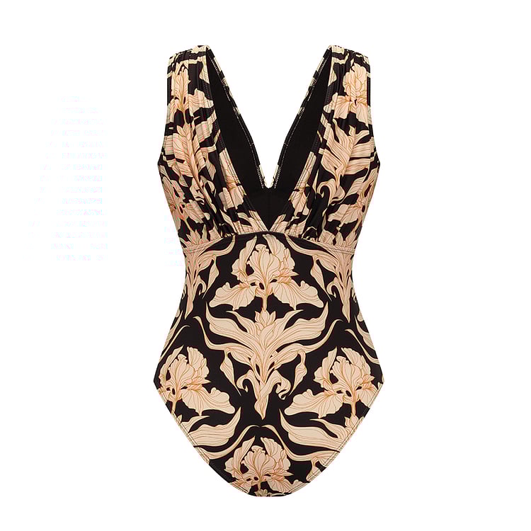 💖 V Neck Iris Print One Piece and Skirt Swimsuit Set