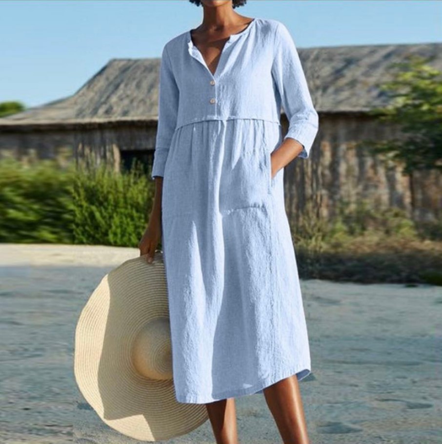 【S-5XL】2024 primavera e verão novo vestido com bolso e botão