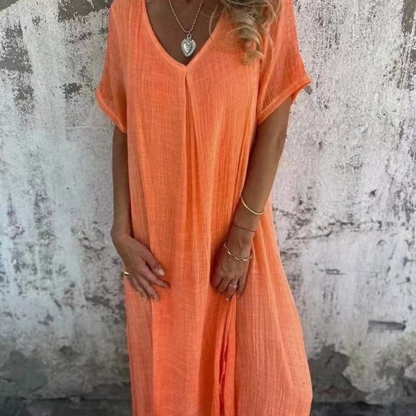 🎁Vestido de algodão e linho com gola pontuda