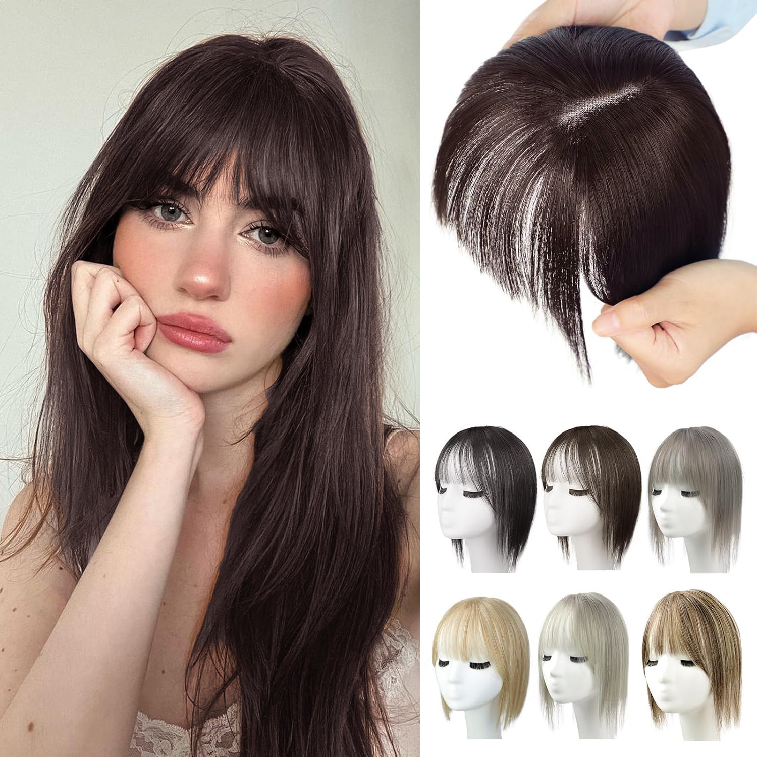 Toppers de cabelo 100% humano para mulheres, adicionando volume de cabelo com franja, 12 polegadas, invisível