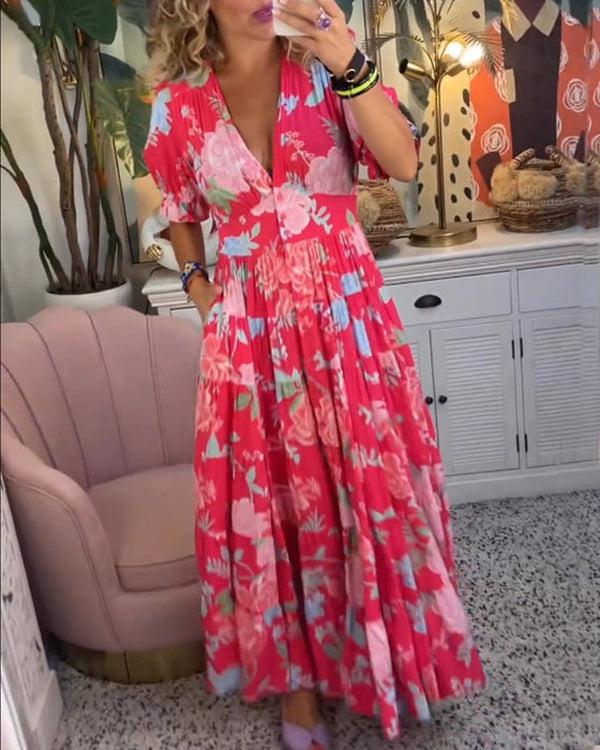 Fresh V-neck floral dress Vibrant Floral Dress