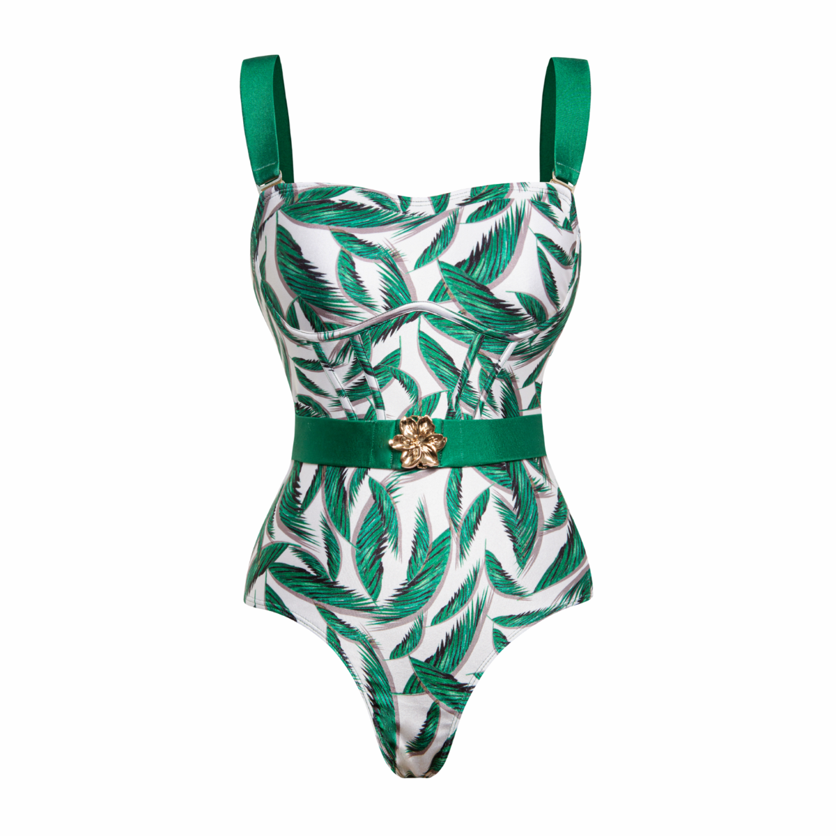 2025 New Green Leaf print One Piece Swimsuit and Skirt