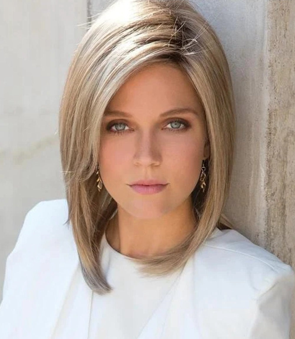 Silver gray side-parted bangs medium length straight hair