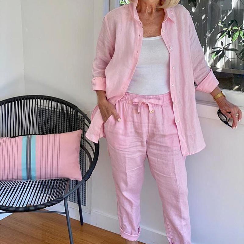Set camicetta e pantaloni da donna a maniche lunghe in cotone e lino
