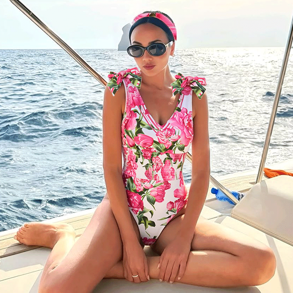 🌼 Tie Shoulder Shirring Flower Print One Piece Swimsuit and Skirt 👙