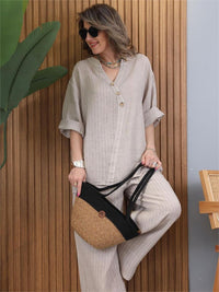 Completo casual da donna in cotone e lino a righe