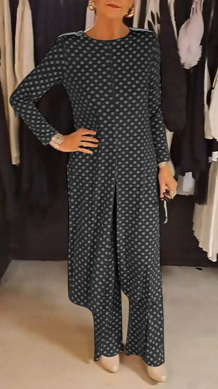 Tuta da donna con stampa a pois e maniche lunghe e scollo tondo