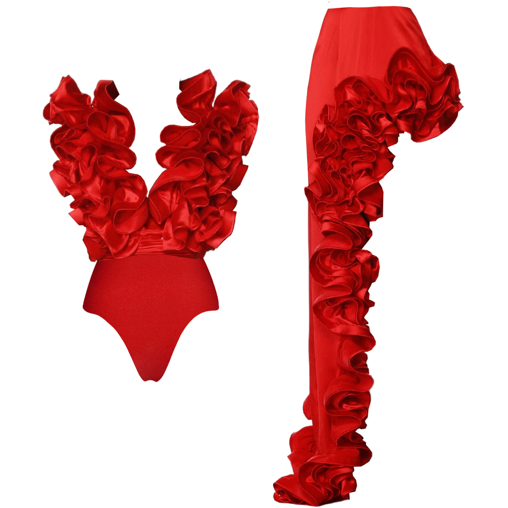 ✨ Red Flower Frilled V Neck One Piece Swimsuit and Skirt